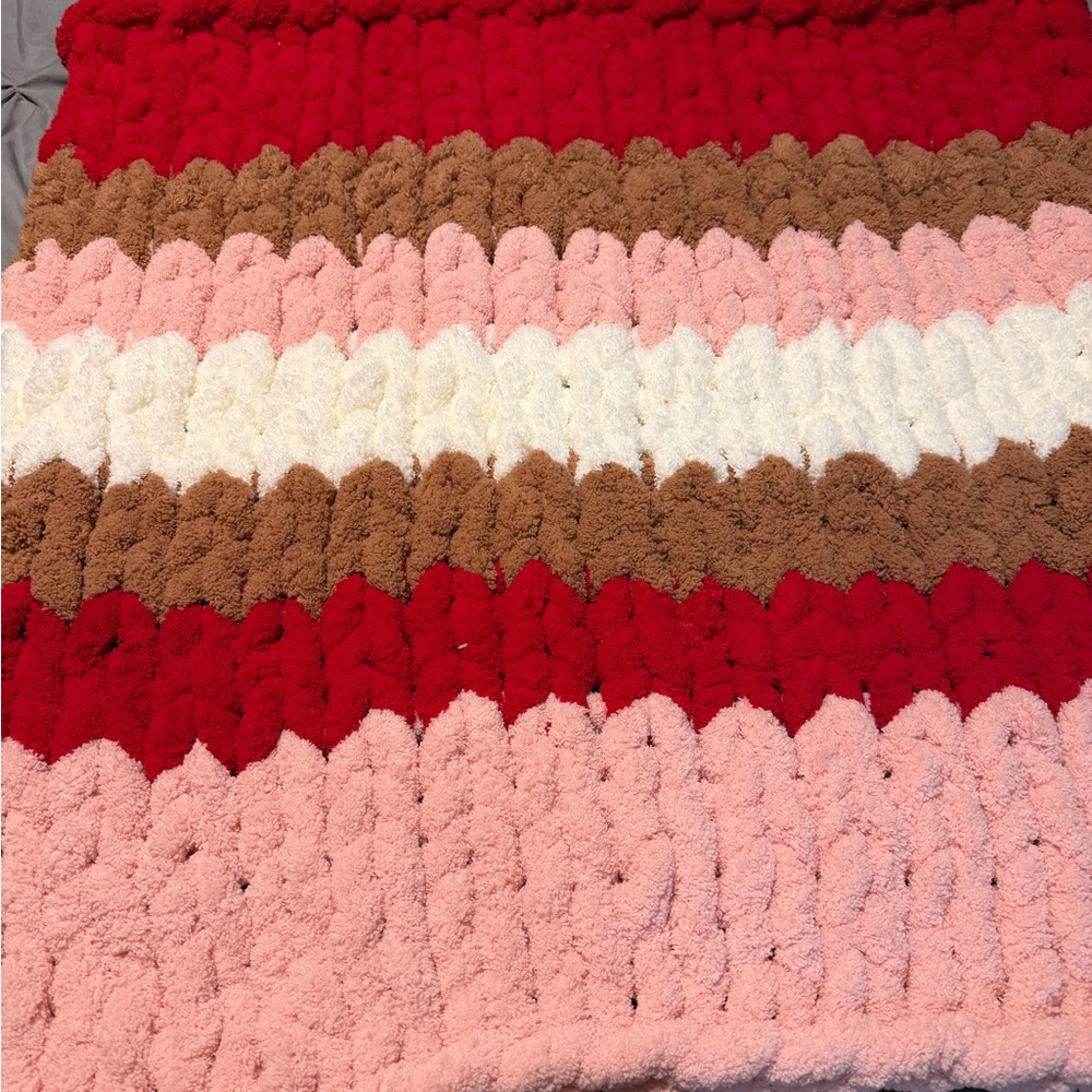 Cozy Plush Striped Throw Blanket — Red, Pink, Brown & White